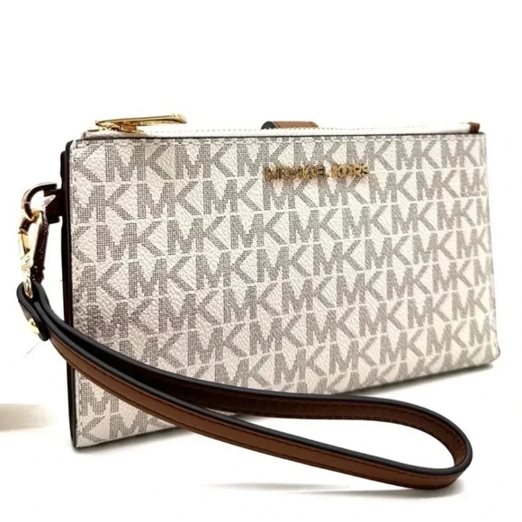 Michael Kors Large Double Zip Wallet Wristlet Vanilla/Brown - Picture 1 of 8